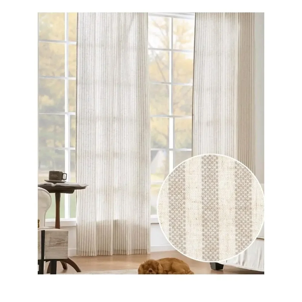 Linen Curtains 84 Inch Taupe Grey Stripe on Beige Back Tab 2 Panels